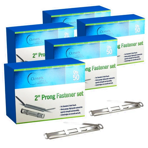 OLYMPX 250 Pcs of 2? Capacity Premium Metal Prong Paper Fastener Complete Set, 2.75 Inch Base with Standard 2-Hole Punch Compressor for Paper File Folder, Pack of 5 Boxes, 50 per Box