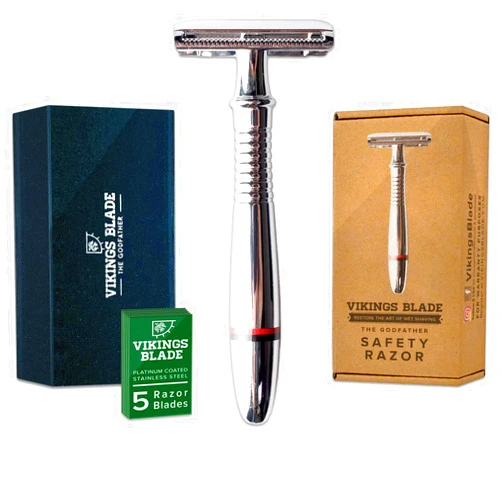 VIKINGS BLADE Double Edge Safety Razor for Men + 5 Swedish Steel Blades + Luxury Case. Classic 3-Piece. Reusable, Eco-Friendly (The Godfather)