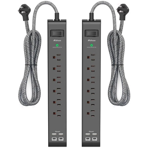 Mifaso 2 Pack Surge Protector Power Strip - 6 Outlets 4 USB Charging Ports, 5Ft Braided Extension Cord, Flat Plug, Overload Protection, Wall Mount for Home Office, Dorm Room Essentials