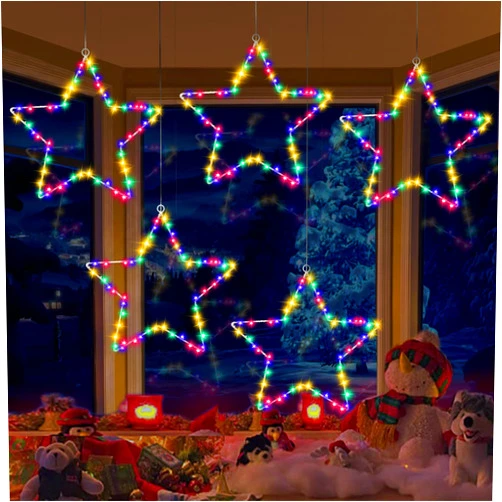 SOLLED Christmas Window RGB Star Lights 5 PCS Battery Operated Christmas Window Lights Decoration with Timer and Remote,Color Changing 8 Lighting Modes Hanging Star Lights for Window Decor Porch Indoor