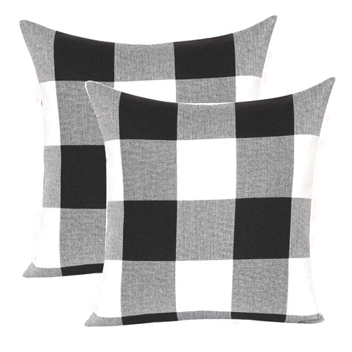 HHYYKV Plaid Throw Square Pillow Covers Cushion Case Set Light Soft Cushion Covers Cotton Linen Decor Black and White for Sofa Bedroom Car Pack of 2, 18