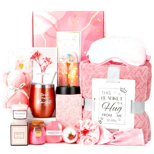 Hangerspace Birthday and Get Well Gifts for Women - Relaxing Spa Care Package With Luxury Flannel Blanket, Light-Up Rose Flower - Unique Self Care Gift Basket for Mom, Wife, Friends