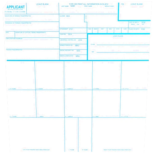 Crime Scene Fingerprint Cards, Applicant FD-258 (Pack of 50)