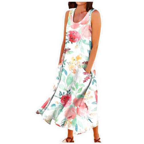 Yesunpxs Summer Dress for Women Solid Color Round Neck Tank Dress Sleeveless Casual Loose Trendy Beach Dress with Pocket