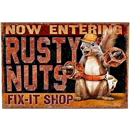 AshBro Inc. AshBro Rusty Nuts Fit It Tin Sign compliments Hot Rod Harley Davidson Garage Decor Vintage Tin Signs Retro Garage Poster Bar Wall Sign Pin Up Garage Sign Garage Decor Metal Signs for Men Tin Sign 12x8