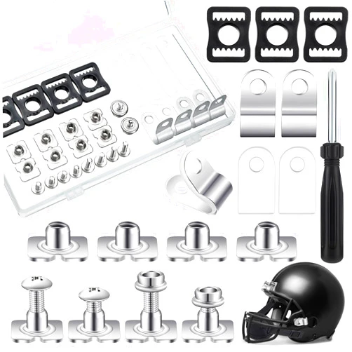 Dunzy 26 Pcs Football Helmet Repair Kit Football Helmet Hardware Kit Include Chin Strap Screwdriver R Shape Visor Clips Screws with Nuts Rubber Gaskets Helmet Buckles for Hockey Baseball Sports
