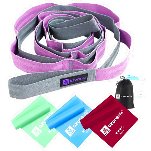 A AZURELIFE Flat Resistance Band Set (3 Pieces Total) Exercise Bands and Premium Durable Cotton Stretch Strap with Loops