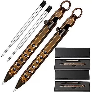 Chinco 2 Pieces bolt action pen Six-Edge Solid Brass Pen and 2 Pieces Pens Refills, EDC Pen Signature Pocket Size Pen with 2 Present Boxes for Christmas, Father's Day, Valentine, Birthday (Black)
