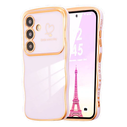 DEFBSC Case for Samsung Galaxy S24 FE Case, Curly Wave Shape Plating Frame Cute Love Heart Cover for Girls Women, Full Camera Lens Protection Soft Durable TPU Shockproof Bumper, Light Purple