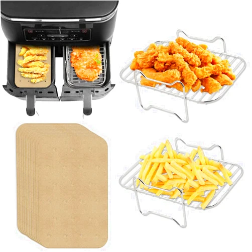 Sun3drucker 2pcs Air Fryer Rack Set with 100pcs Parchment Paper Compatible with Ninja Foodi Air Fryer DZ201, DZ401, 304 Stainless Steel Toast Dehydrator Racks Air Fryer Paper Liners for Double Basket Air Fryer