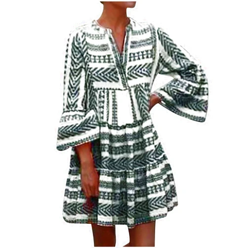 SMIDOW Womens Summer Casual V-Neck 3/4 Sleeve Sundress Boho Print Hawaiian Beach Dress Flowy Swing Vacation Mini Dress