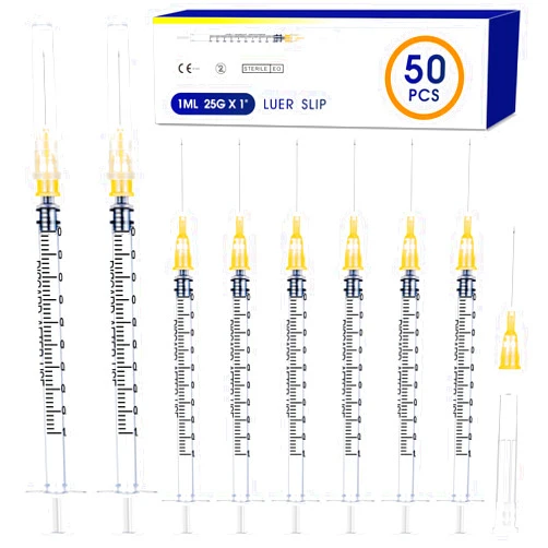 TENKAIWICK 50 Pack 1ml Syringes with Needle-25Ga 1 Inch，Individually Sealed Packaging
