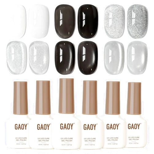 GAOY Black and White Gel Polish Set, Sliver Cat Eye, Opal White, Jelly Black Glitter Reflective Gel, Magnetic Holographic DIY Nail Art