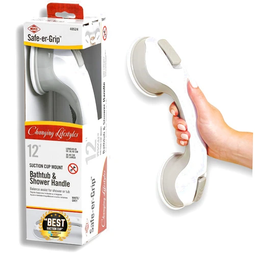 Safe-er-Grip Safe-er-Grip Changing Lifestyles Suction Cup Grab Bars for Bathtubs & Showers; Safety Bathroom Assist Handle, White & Grey, 12 inches