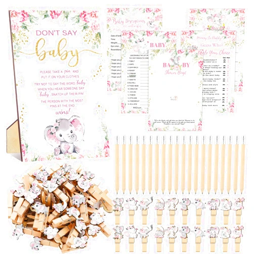 Patelai 321 Pcs Baby Shower Games Supplies, 5 Sets (50 Cards Each) Activities Cards with 20 Pencils 1 Don't Say Baby Sign 50 Clothespin(Pink Elephant)