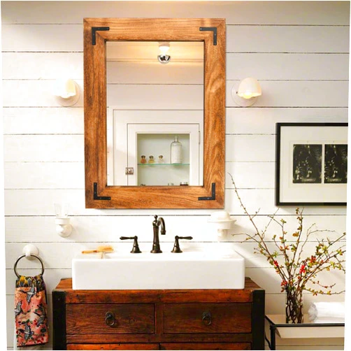 YOSHOOT Rustic Wooden Framed Wall Mirror, Natural Wood Bathroom Vanity Mirror for Farmhouse Decor, Vertical or Horizontal Hanging, 32