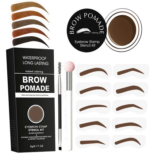 LOKFAR Eyebrow Stamp Stencil Kit - for Waterproof Eyebrows Makeup, Brow Stamp Trio Kit with Sponge Applicator, Dual-ended Brow Brush, 10 Eyebrow Stencils, Waterproof Eyebrow Pomade (Medium Brown)