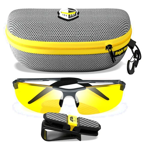 BLUPOND Night Driving Glasses For Men/Women - HD Yellow Vision for Maximum Clarity - Knight Visor (Titanium/Grey Case, Yellow Amber)