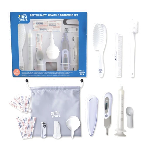 The First Years Better Baby Healthcare and Grooming Kit - Baby Care Products Including Baby Nail Clippers, Baby Brush, Infant Thermometer and More with Travel Tote - Diaper Bag Essentials - 18 Pieces