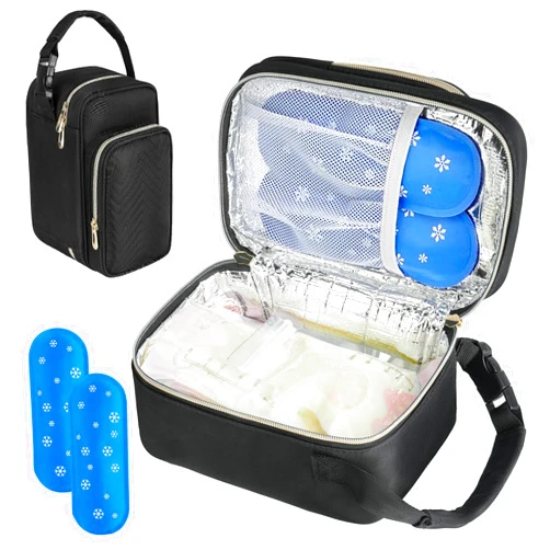 ZIOZERTT Breastmilk Cooler Travel bag with Ice Pack,Portable Breastmilk Cooler Bag with Buckle Handle,Insulated Breastmilk Storage Bag Cooler,Black