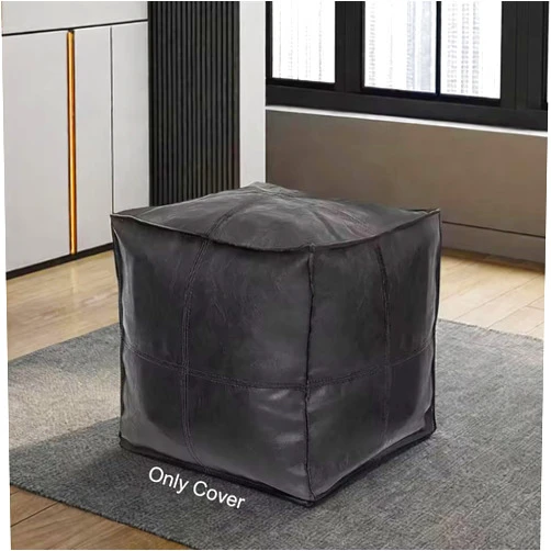 Louis Donné 17 Black Square Unstuffed Ottoman Pouf footsrool Handmade Leather Pouffe Ottomans for Reading Storage Toy Square ttoman for Living Room Balcony Office Outdoor Floor Chair Only Cover