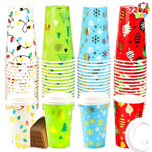 JOYIN 72 Pcs Merry Christmas Disposable Cups with Sleeves and Lids, 4 Designs Xmas Drinkware 16 oz Paper Cup For Hot Chocolate Coffee Cold Beverage Tableware Holiday Winter Party Supplies Decoration