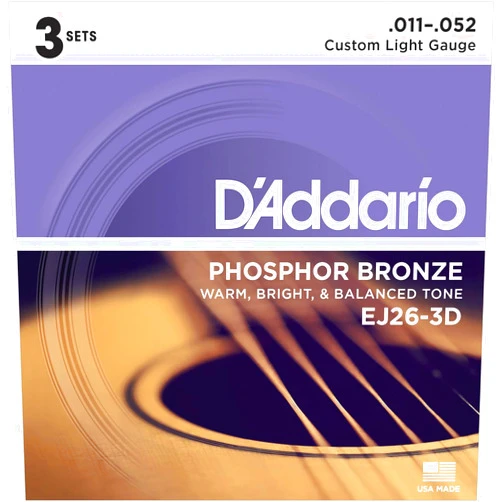 D'Addario EJ26-3D 3-Pack Phosphor Bronze Custom Light 11-52