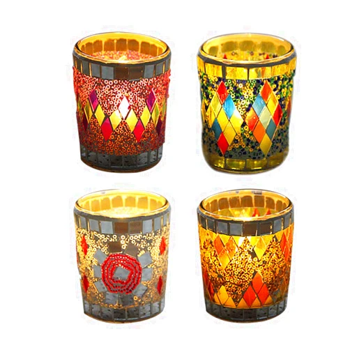 BCLP Handmade Mosaic Glass Candlestick, LED Light Candle Holders Cup 4Pcs (Including LED Candle)
