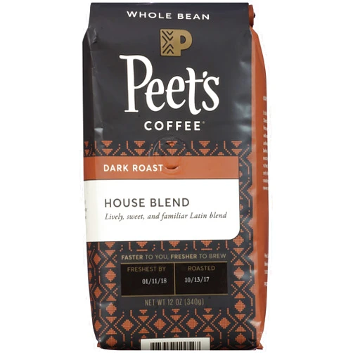Peet's Coffee House Blend, Dark Roast Whole Bean Coffee, 12 Ounce Bag Bright, Lively, and Balanced Dark Roast Blend of Latin American Coffees, Deep Roasted with A Hint of Spice & A Crisp Finish