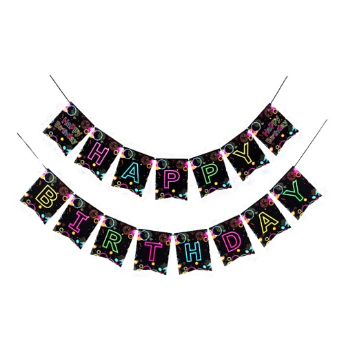 KUKNOS Black Neon 1st Happy Birthday Banner for Baby Kids, Glowing Colorful 18th Birthday Party Decorations for Girls Boys Women, Glow Dark 80s 90s Birthday Decor Sign Supplies