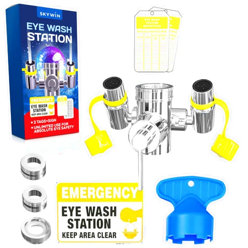 Skywin Eye Wash Kit - Eye Wash Units, Faucet Mounted Emergency Eye Wash Station Sink Attachment - Continuous Flow Eyewash Station with Common Sink Adapters and Inspection Tags (Yellow Caps)