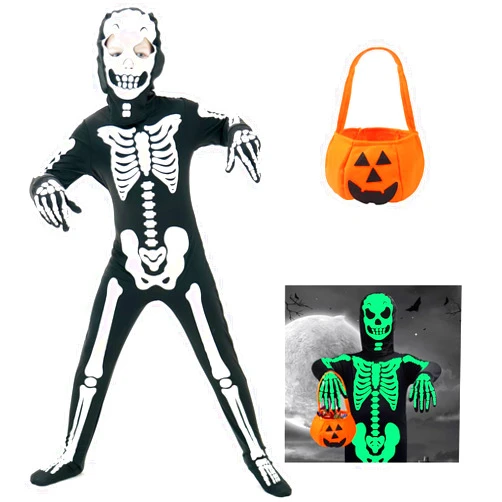 FAYBOX Skeleton Costume Glow in The Dark for Kids Toddler, Halloween Fortnite Onesie for Boy Girls with Pumpkin Candy Bag