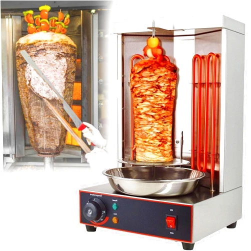 YLANMEI Shawarma Machine, Electric Vertical Kebab Grill Gyro Rotisserie Oven Meat Broiler, with 2 Heating Tubes, Stainless Steel Body, for Home Restaurant Kitchen,Pan