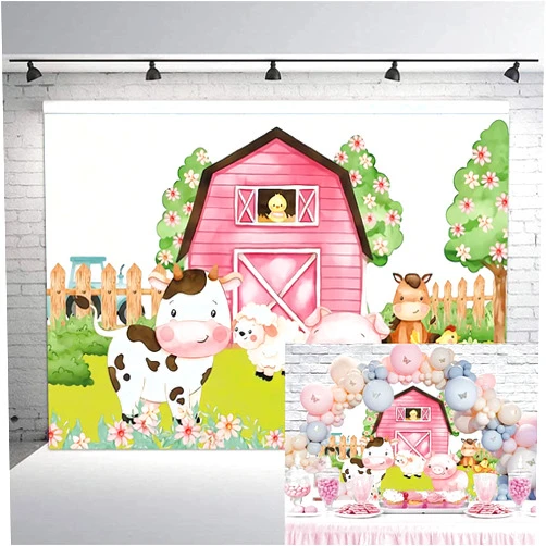 Eainb 7x5ft Cartoon Farm Animals Party Backdrop Pink Barn Girl Baby Shower Birthday Photography Background Farmland Animals Cows Pigs Barnyard Backdrop Banner Cake Table Decoration Photo Booth Props
