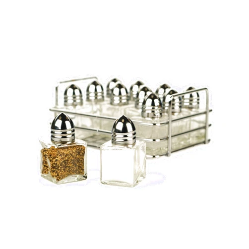 RSVP International Mini Glass Salt & Pepper Set Holder Included, 12 Shakers, Chrome and Stainless Steel