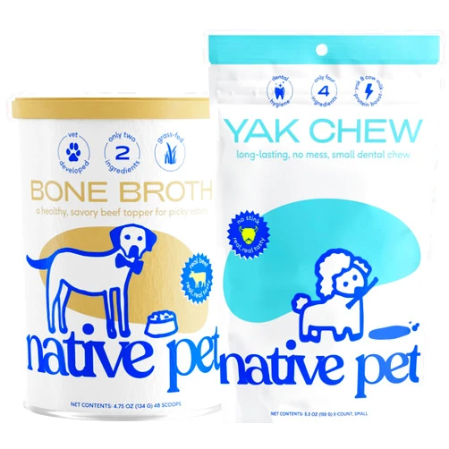 Native Pet Beef Bone Broth for Dogs (4.75 oz) & Yak Chews for Dogs (5 Small Chews)