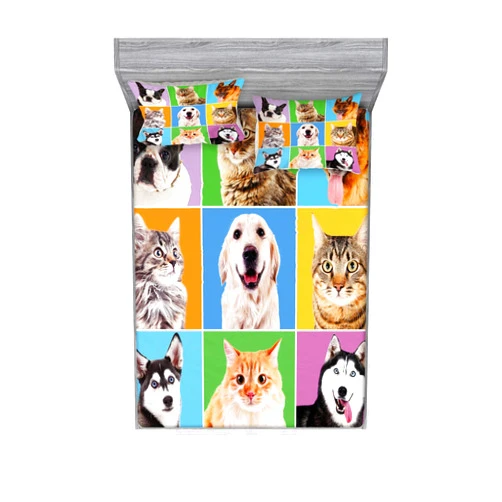 Lunarable Animal Fitted Sheet & Pillow Sham Set, Various Dog and Cat Portraits Puppies Kittens Pet Company Funny Humor Design, Decorative Printed 3 Piece Bedding Decor Set, Queen, Blue Green
