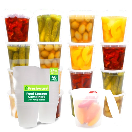 Freshware Food Storage Containers 24 oz Plastic Deli Containers with Lids, Slime, Soup, Meal Prep Containers, BPA Free, Stackable, Leakproof, Microwave/Dishwasher/Freezer Safe, 48 count (pack of 1)
