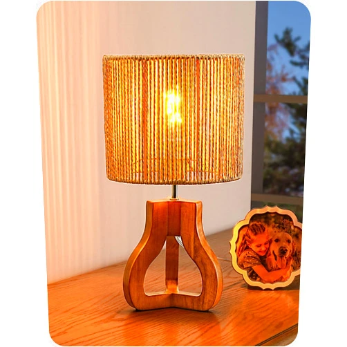 EDISHINE Small Table Lamp, Rose Wood Tripod Nightstand Lamp, Handwoven Paper Rope Shade, 14.6
