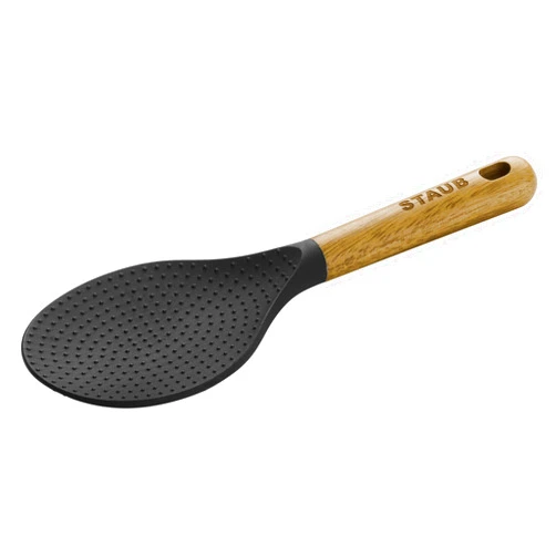 STAUB Rice Spoon, Perfect for Keeping Rice Fluffy While Scooping and Serving, Durable BPA-Free Matte Black Silicone, Acacia Wood Handles, Safe for Nonstick Cooking Surfaces, 8.75 x 3 x 0.75 inches