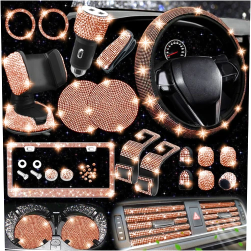 NBTEPEM 27 PCs Gold Champagne Bling Car Accessories Set for Women, Bling Steering Wheel Covers Universal Fit 15 Inch, Bling License Plate Frame, Bling Phone Holder, Bling Car Coasters