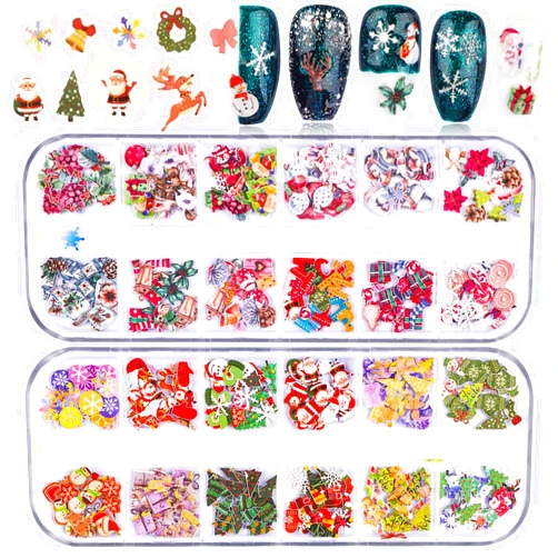 Kalolary 2 Boxes Christmas Nail Art Sequins Sticker, 3D Santa Claus Snowflake Elk Decals for Acrylic Nails, Christmas Tree Wood Pulp Glitter Flakes for Winter Nail Art Decorations