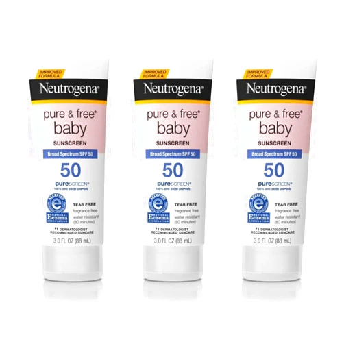 Neutrogena Pure & Free Baby Mineral Sunscreen Lotion with Broad Spectrum SPF 50 & Zinc Oxide, Water-Resistant, Hypoallergenic & Tear-Free Baby Sunscreen, Paraben-Free, Dye-Free, 3 fl. oz, 3 Pack