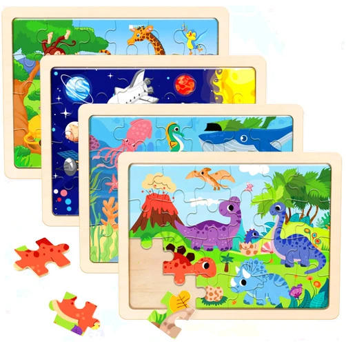 RANSUNN Wooden Puzzles for Kids Ages 3-5 | 4-6, 4 Packs 24 Piece Colorful Wooden Puzzles for Toddler Children, Learning Educational Puzzles Toys for 3 4 5 6 Boys and Girls (Size 11.8