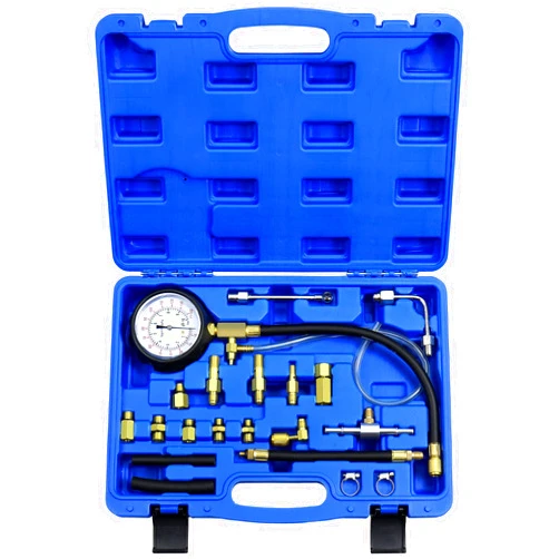 JoyFans Fuel Pressure Test Kit, TU-114 Fuel Injector Pump Pressure Tester Automotive Tool with Gauge Adapter for Schrader Test Port Fuel Injection System on Car Motorcycle Blue Case