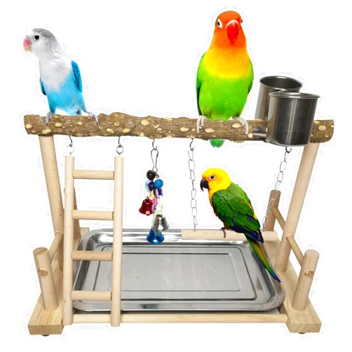 PINVNBY Bird Playground Parrot Playstand Birds Play Stand Wood Exercise Perch Gym Stand Playpen Ladder with Feeder Cups Hanging Swing Toys for Parakeet Conure Cockatiel Budgie Cage Accessories