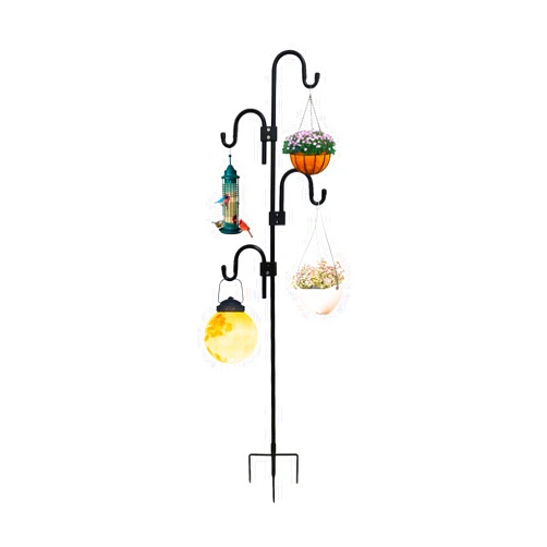 Rexwnadu Shepards Hooks for Outdoor Adjustable Bird Feeder Pole with 5 Base Prongs 76 Inch Heavy Duty Garden Hanging Holder for Lanterns, Solar Lights, Bird Feeder, Wedding, Planter Pot-4 Hooks