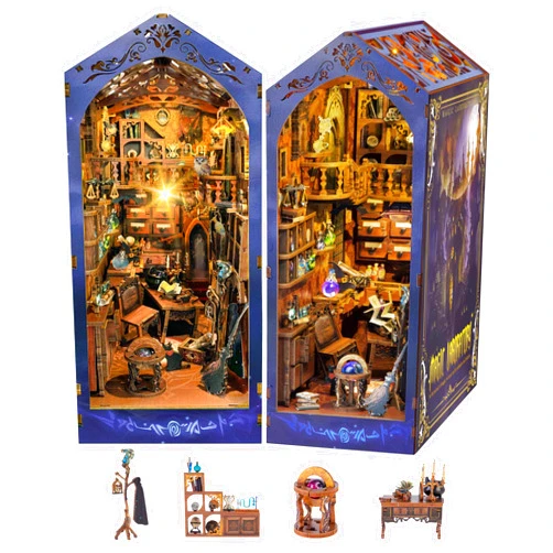 Quanquer DIY Book Nook Kit - DIY Dollhouse Booknook with LED Light - 3D Wooden Puzzle Miniature House Kits - Craft Kits for Adults - Bookshelf Insert Decor - Gifts Family and Friends(Magic Laboratory)