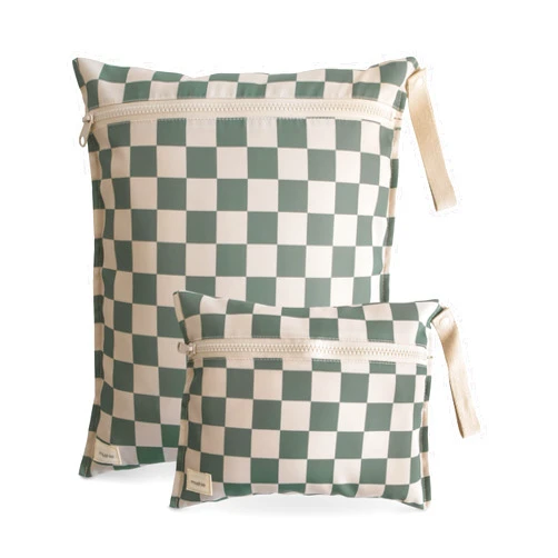 mushie Water Resistant Wet Bags | Large & Small Reusable Storage Bag for Baby Items and Travel | Zippered Pockets with Handle | Machine Washable, Set of 2 (Olive Check)