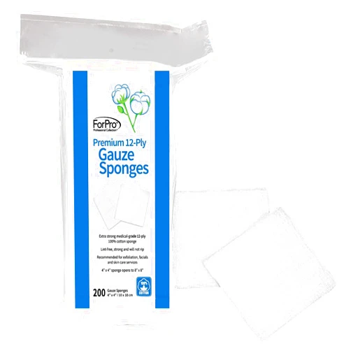 ForPro Professional Collection Premium 12-Ply Gauze Sponges, 100% Cotton, Lint-Free, Non-Sterile Cotton, For Cosmetic and Medical Use, 4” x 4”, 200-Count
